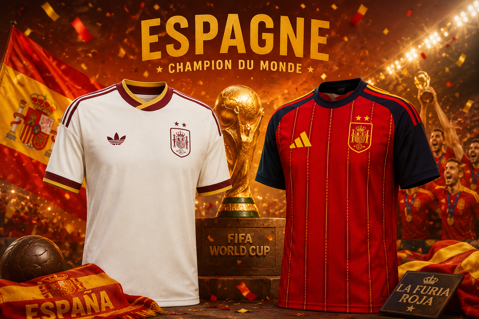 Espagne championne du monde 2026 · maillots domicile et extérieur 2 étoiles
